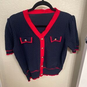 Navy Cardigan with Red Trim and Gold Buttons